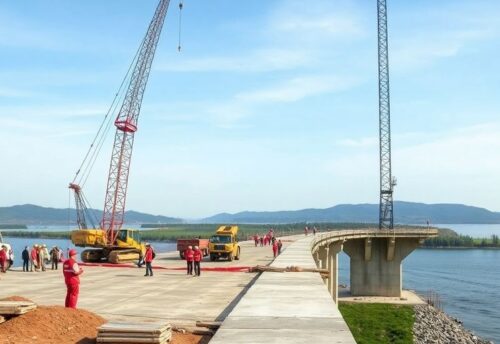 Bauarbeiter und Maschinen an einer Baustelle für eine Brücke.