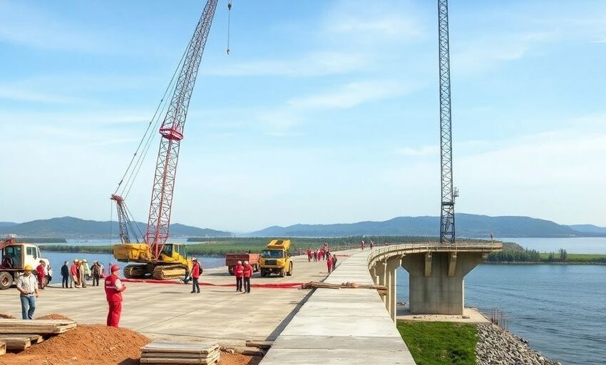 Bauarbeiter und Maschinen an einer Baustelle für eine Brücke.