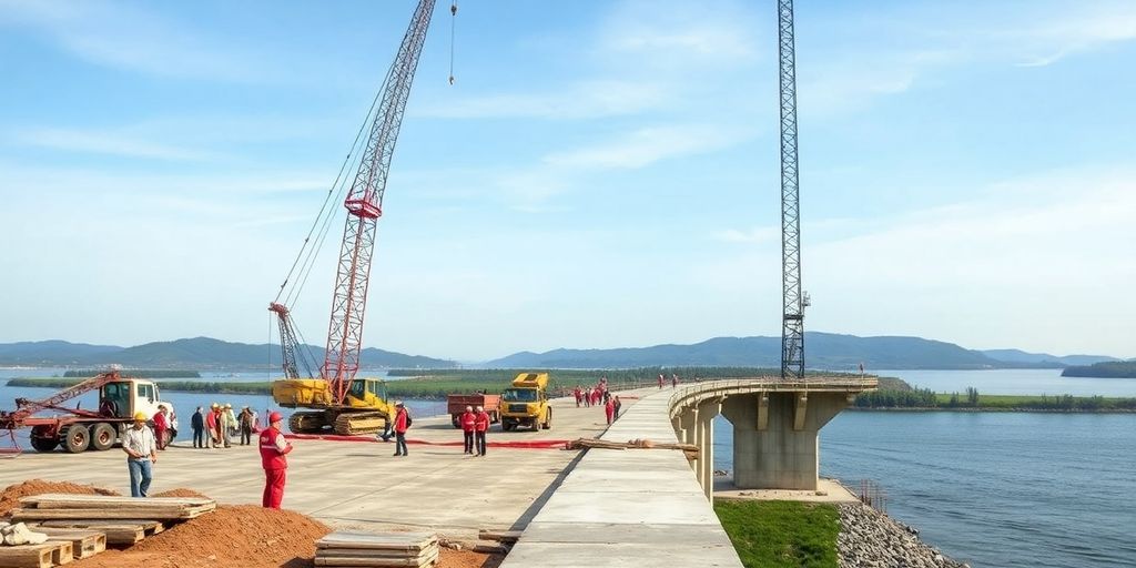 Bauarbeiter und Maschinen an einer Baustelle für eine Brücke.