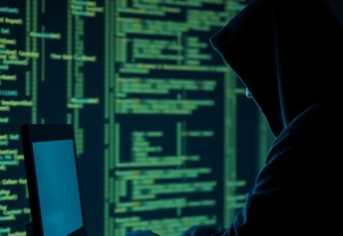 Hacker in Kapuzenpullover vor leuchtendem Computerbildschirm.