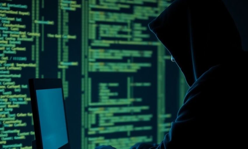Hacker in Kapuzenpullover vor leuchtendem Computerbildschirm.