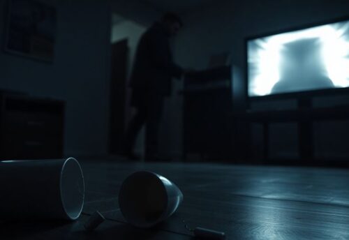 Dunkles Büro mit mysteriöser Silhouette im Schatten.