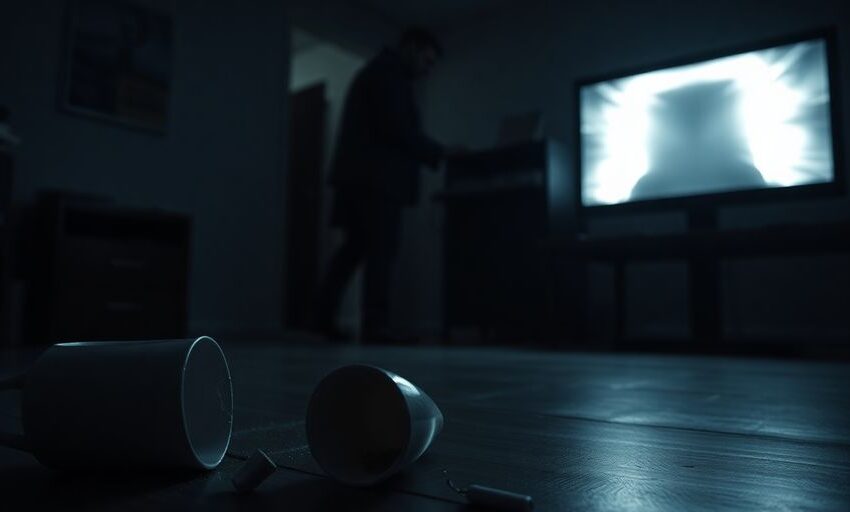 Dunkles Büro mit mysteriöser Silhouette im Schatten.