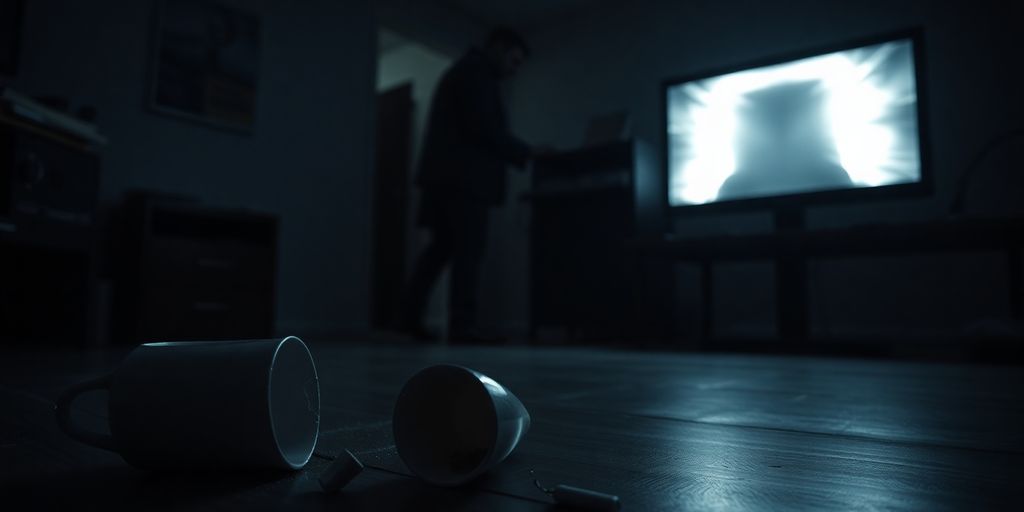 Dunkles Büro mit mysteriöser Silhouette im Schatten.