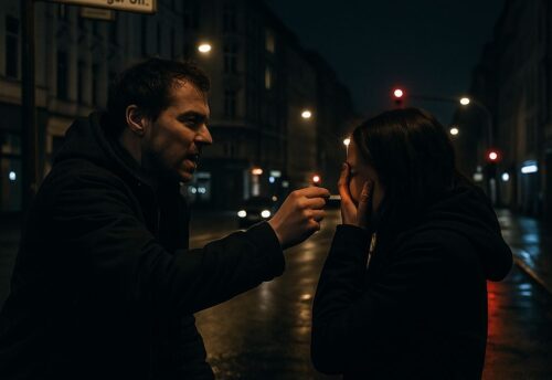 in nächtliches Straßenszenario in Berlin-Charlottenburg: Ein Mann hält aggressiv eine brennende Zigarette in Richtung Gesicht einer Frau, die sich erschrocken das Gesicht schützt. Die Umgebung ist dunkel und regnerisch, beleuchtet von Straßenlaternen und Ampeln. Im Hintergrund sind Gebäude und ein Straßenschild mit der Aufschrift ‚Lietzenburger Str.‘ sichtbar