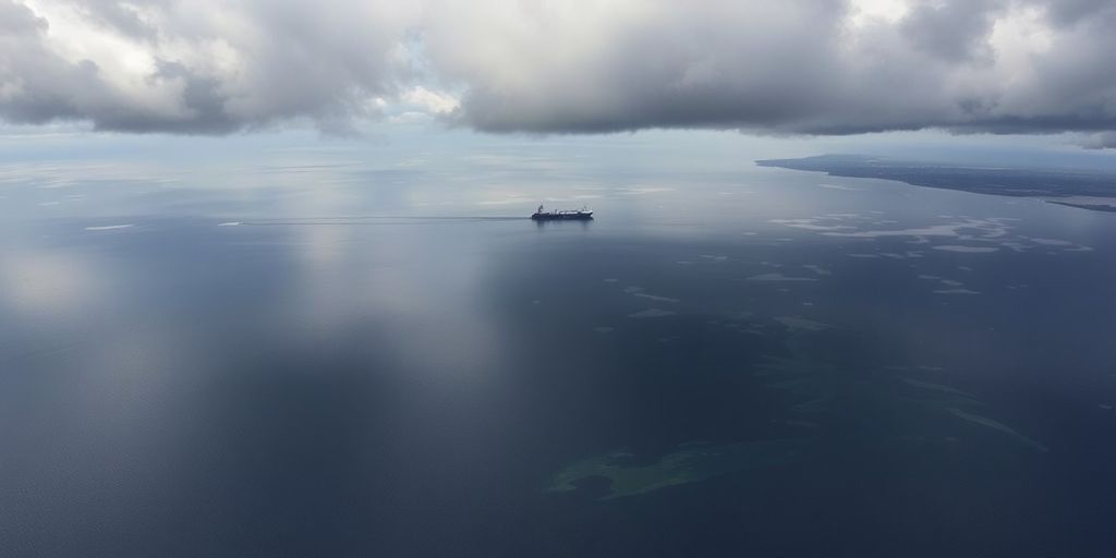 Ölverschmutztes Wasser im Schwarzen Meer mit dunklen Wolken.