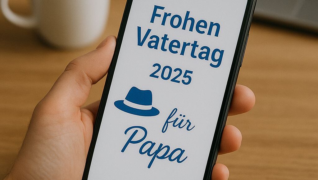Eine Person hält ein Smartphone in der Hand, auf dessen Bildschirm eine digitale Vatertagsgrußbotschaft für das Jahr 2025 angezeigt wird. Im Hintergrund stehen eine Tasse Kaffee und ein aufgeklappter Laptop auf einem Holztisch, die Szene wirkt ruhig und herzlich