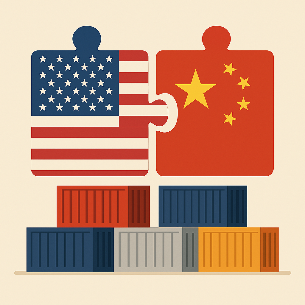 Illustration zweier Puzzleteile mit den Nationalflaggen der USA (links) und Chinas (rechts), die ineinandergreifen. Unter den Puzzleteilen sind gestapelte, bunte Schiffscontainer zu sehen. Das Bild symbolisiert eine Annäherung und Kooperation im internationalen Handel zwischen den beiden Ländern