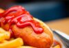 Currywurst mit Pommes auf einem Teller.