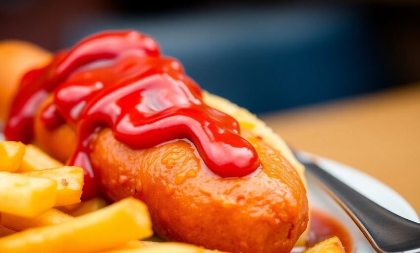Currywurst mit Pommes auf einem Teller.