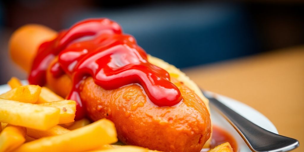 Currywurst mit Pommes auf einem Teller.
