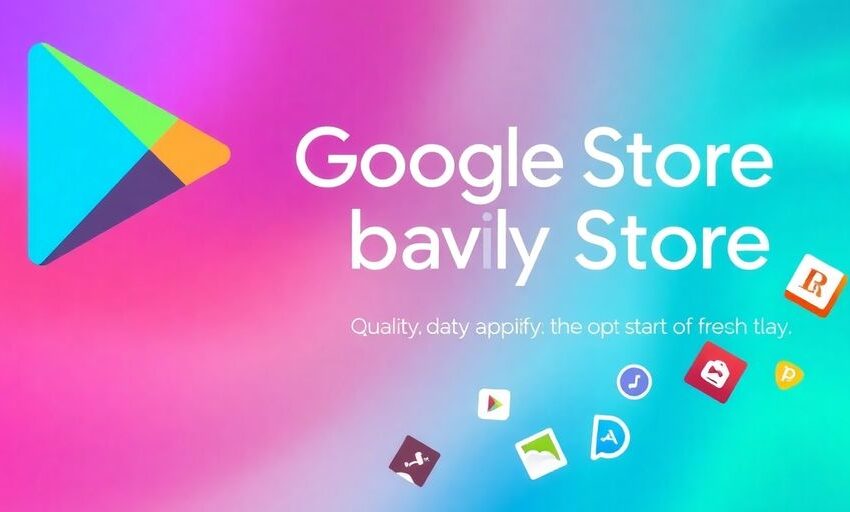 Google Play Store Logo mit gefilterten App-Icons.