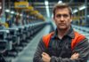 Besorgter Arbeiter in einer deutschen Fabrik.