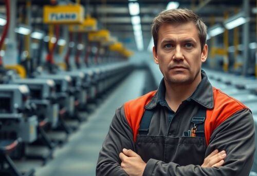 Besorgter Arbeiter in einer deutschen Fabrik.