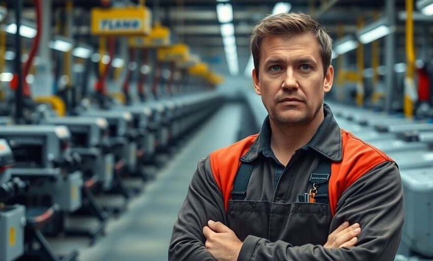Besorgter Arbeiter in einer deutschen Fabrik.