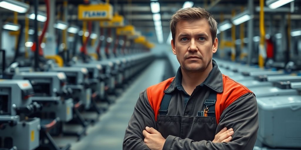 Besorgter Arbeiter in einer deutschen Fabrik.