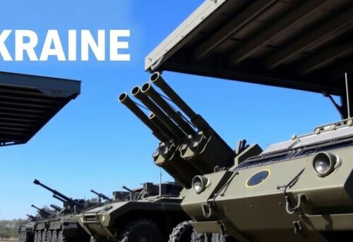 Militärfahrzeuge bereit für Waffenlieferungen an die Ukraine.