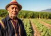 Peruanischer Bauer in Feld mit klaren Himmel im Hintergrund.