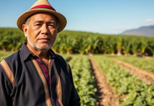 Peruanischer Bauer in Feld mit klaren Himmel im Hintergrund.