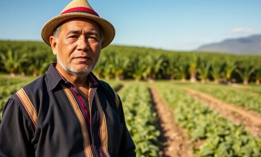 Peruanischer Bauer in Feld mit klaren Himmel im Hintergrund.