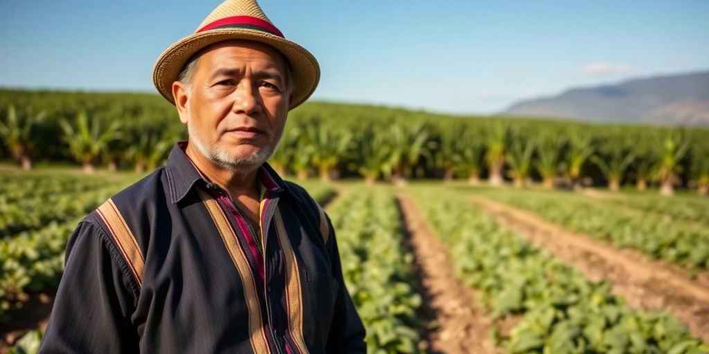 Peruanischer Bauer in Feld mit klaren Himmel im Hintergrund.