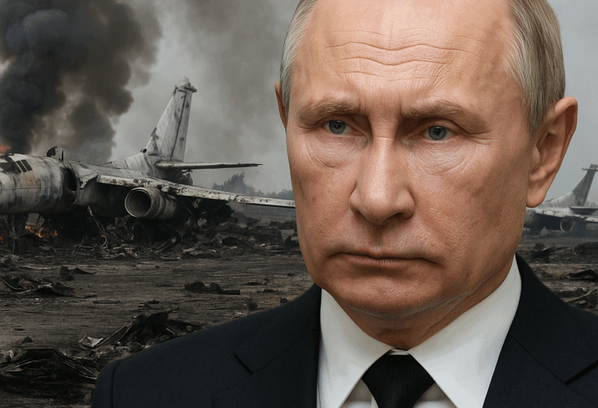 Putin mit ernstem Blick vor brennender Stadt