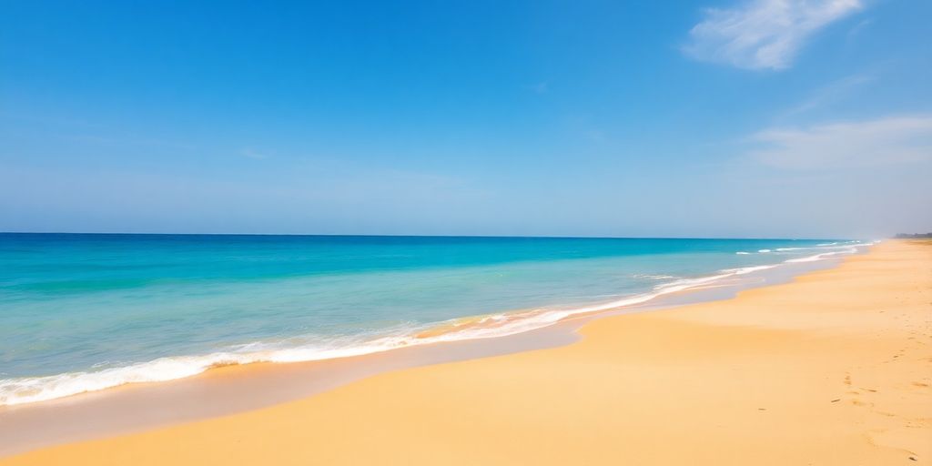 Türkisblaue Wellen brechen an einem sandigen Strand.