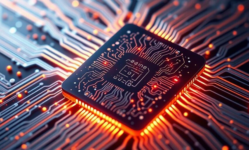 KI-Chip mit leuchtenden Datenströmen