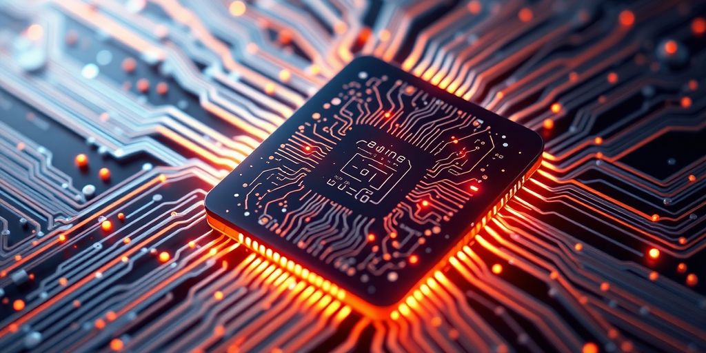 KI-Chip mit leuchtenden Datenströmen