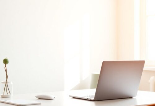 Homeoffice-Arbeitsplatz mit Laptop und Fensterblick.