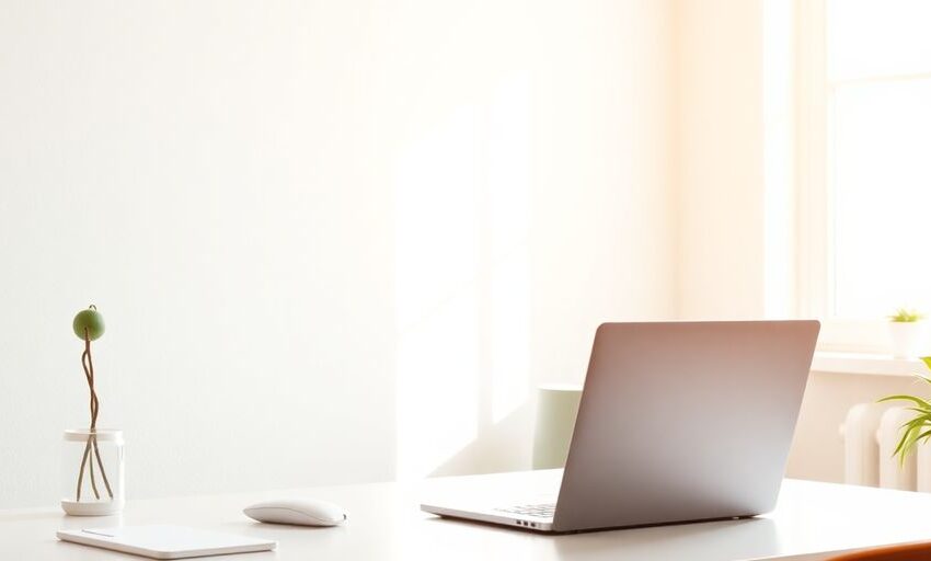 Homeoffice-Arbeitsplatz mit Laptop und Fensterblick.