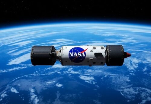 NASA-Logo auf einem Raumfahrzeug vor einem Sternenhimmel.