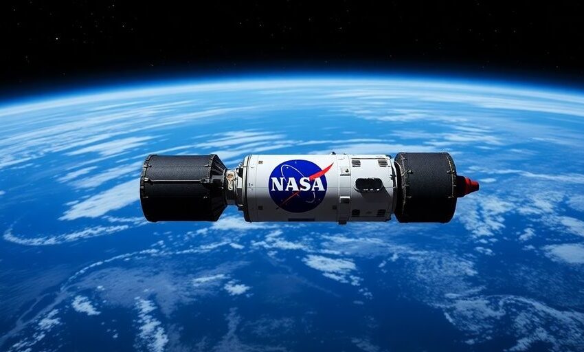 NASA-Logo auf einem Raumfahrzeug vor einem Sternenhimmel.