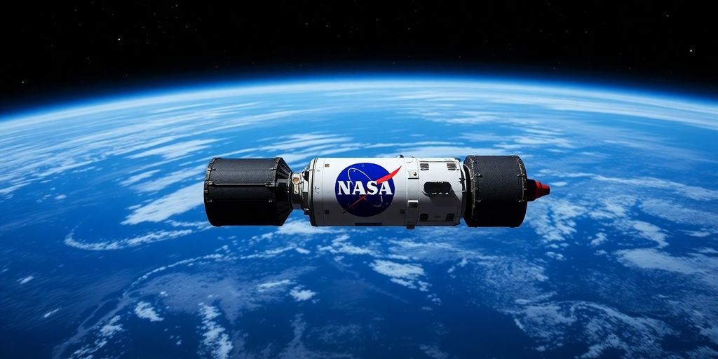 NASA-Logo auf einem Raumfahrzeug vor einem Sternenhimmel.