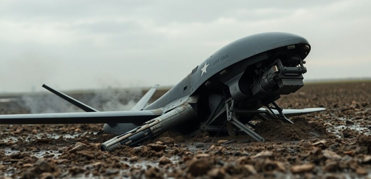 Beschädigte westliche Drohne im Schlamm nach Kampfhandlungen.
