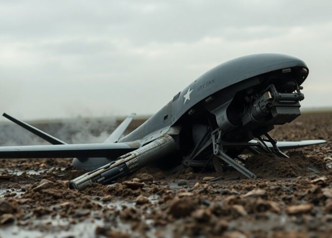 Beschädigte westliche Drohne im Schlamm nach Kampfhandlungen.