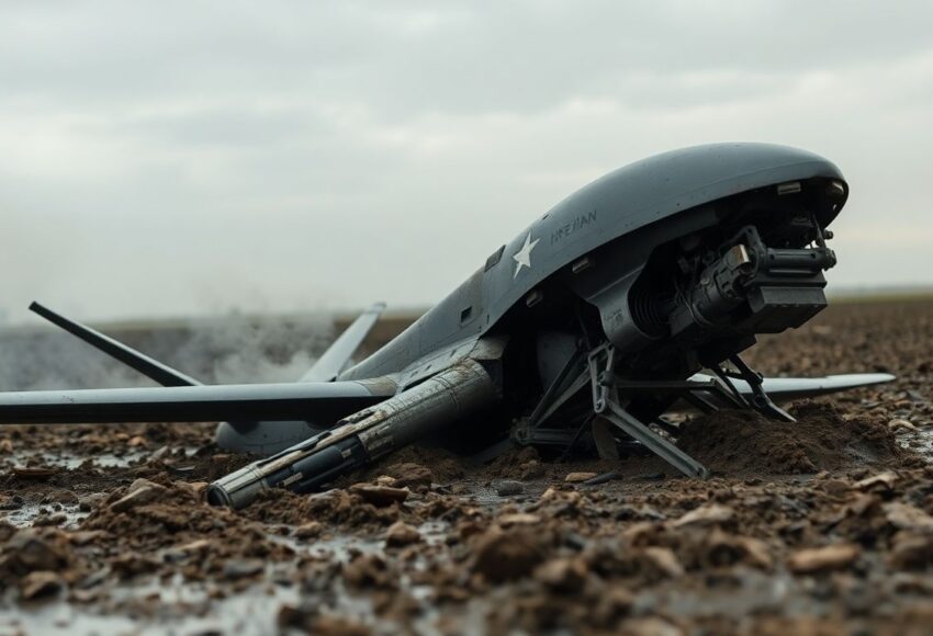 Beschädigte westliche Drohne im Schlamm nach Kampfhandlungen.