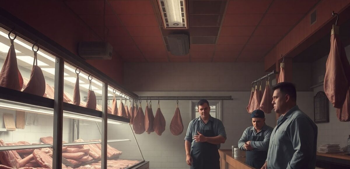 Geschlossene Metzgerei, besorgte Mitarbeiter, leere Auslagen.