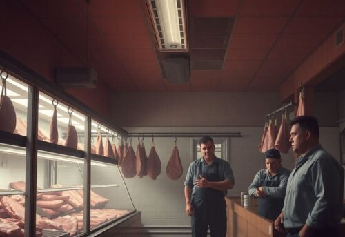 Geschlossene Metzgerei, besorgte Mitarbeiter, leere Auslagen.