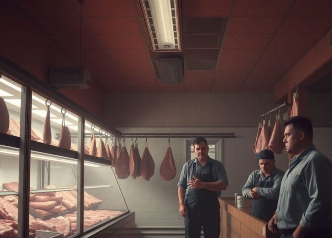 Geschlossene Metzgerei, besorgte Mitarbeiter, leere Auslagen.