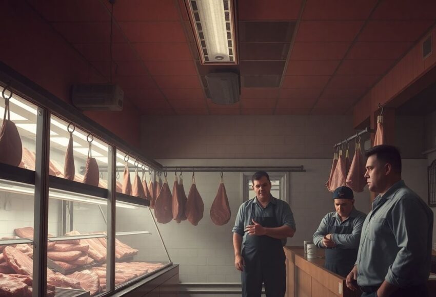 Geschlossene Metzgerei, besorgte Mitarbeiter, leere Auslagen.