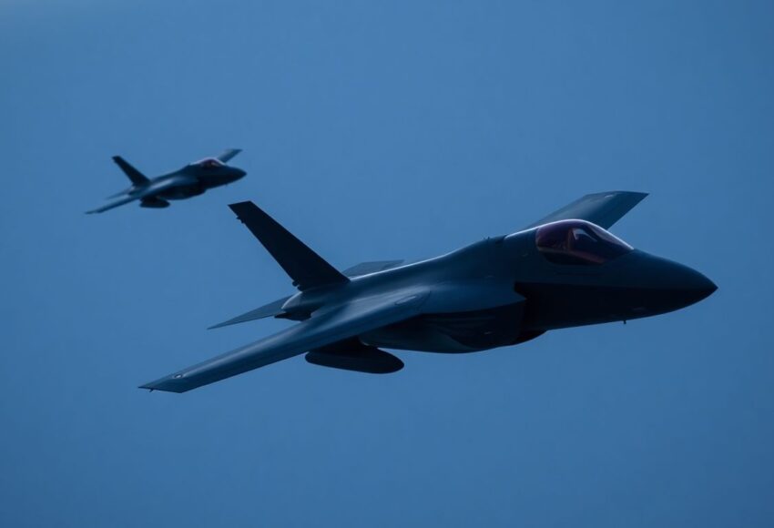 F-35 Kampfjets fliegen im Abendhimmel.