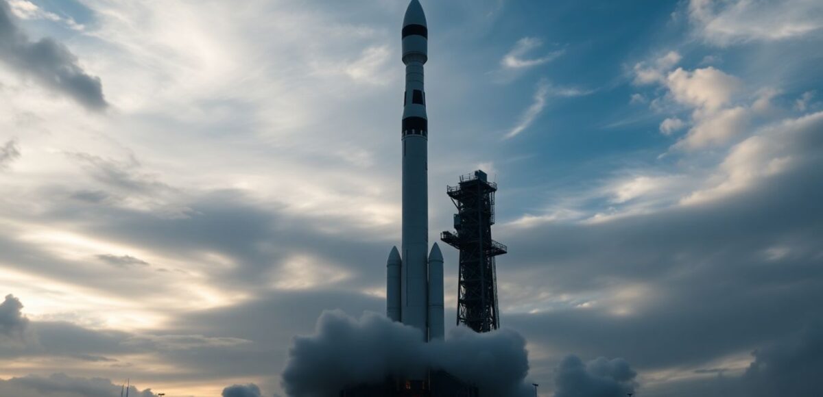 Rakete vor dramatischem Himmel