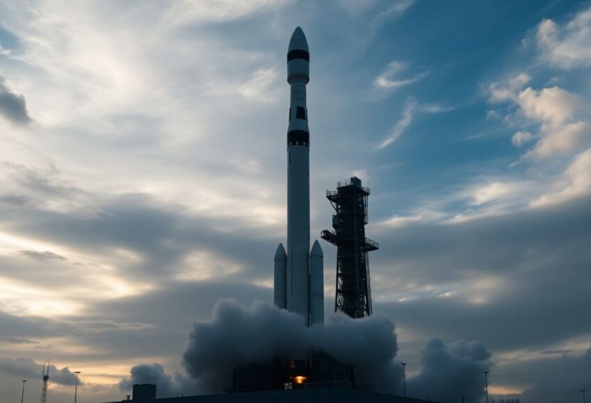 Rakete vor dramatischem Himmel