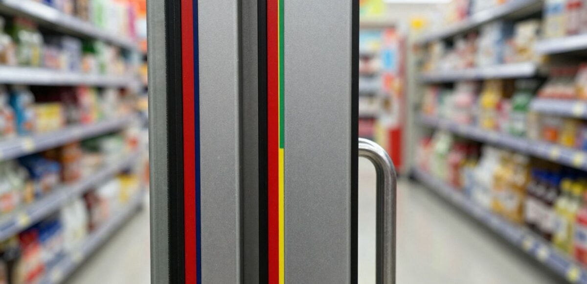 Farbige Leiste an Supermarkttür gegen Diebstahl.