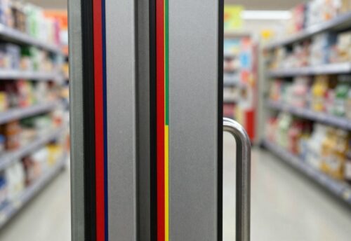 Farbige Leiste an Supermarkttür gegen Diebstahl.