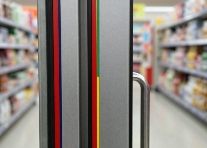 Farbige Leiste an Supermarkttür gegen Diebstahl.