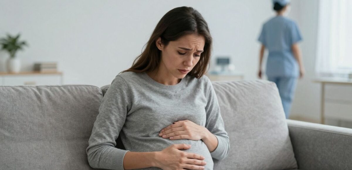 Besorgte Schwangere, Hebamme geht weg