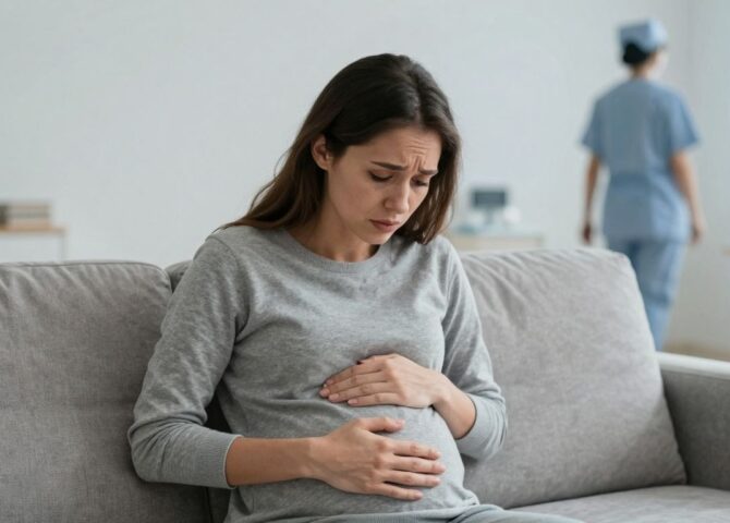 Besorgte Schwangere, Hebamme geht weg