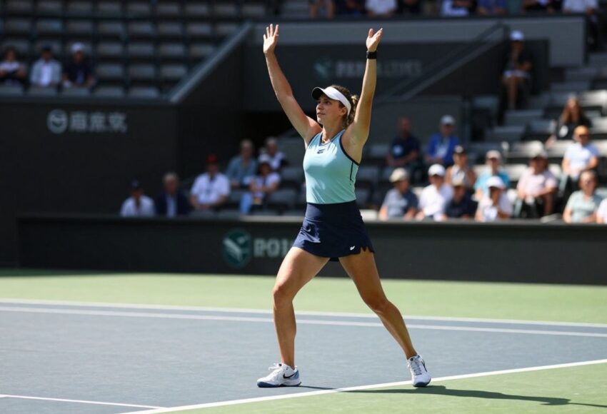 Julija Putinzewa tanzt auf dem Tennisplatz nach ihrem Sieg.